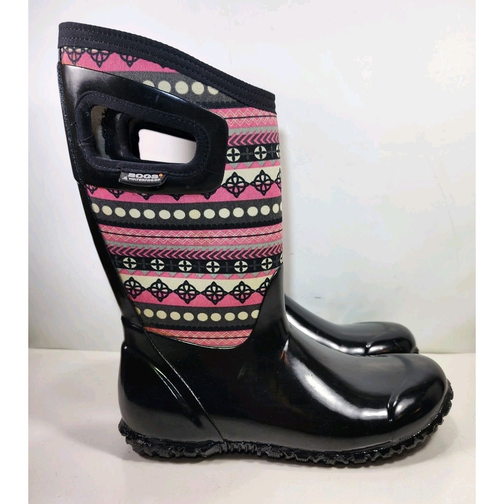 BOGS Classic Boots Pink Patternstripe Youth 5 Snow Rain Insulated Waterproof EUC